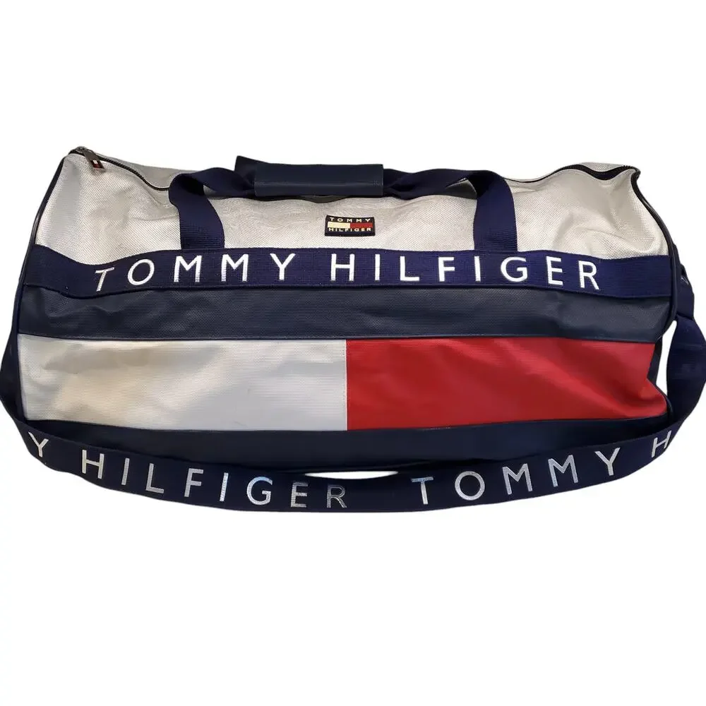 Tommy Hilfiger Color Block Spell Out Logo Flag Duffle Gym Bag Large Vintage 90s
